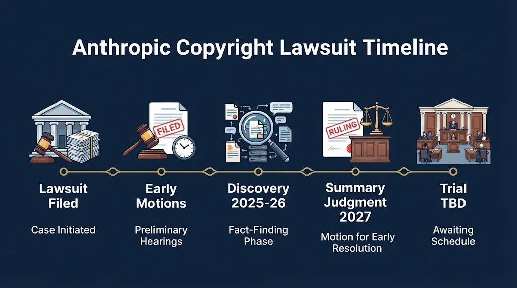 Anthropic copyright lawsuit timeline from filing through discovery, summary judgment, and pending trial.