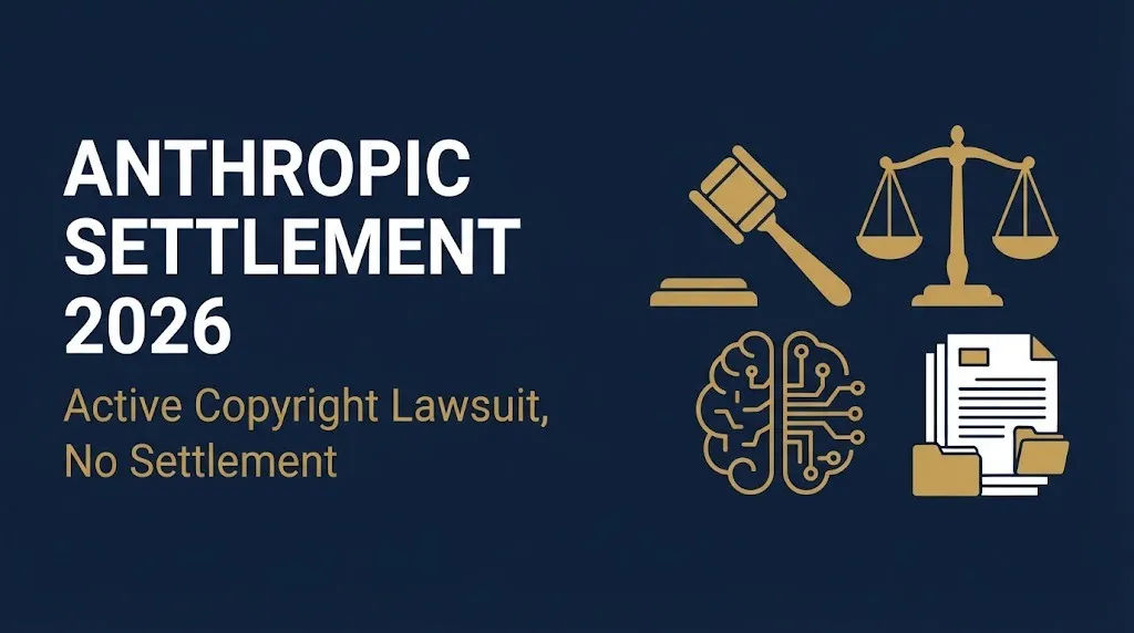 Anthropic settlement 2026 headline with gavel and digital brain icon showing active copyright lawsuit with no settlement.