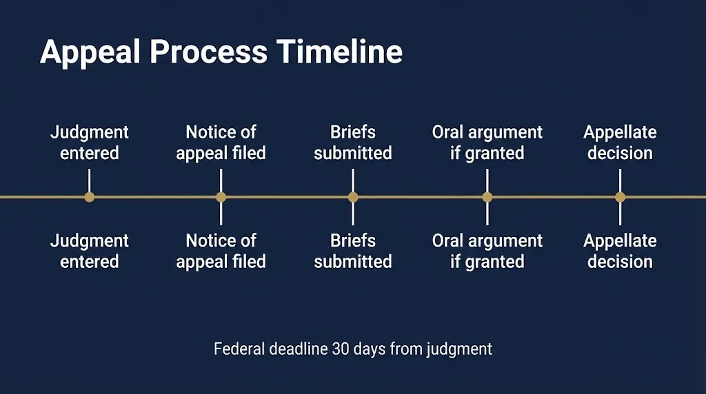 Appeal process timeline showing key stages from judgment to appellate decision.
