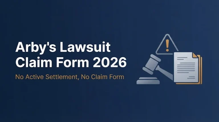 Arby's lawsuit claim form 2026 banner showing no active settlement status with gavel and warning graphics.