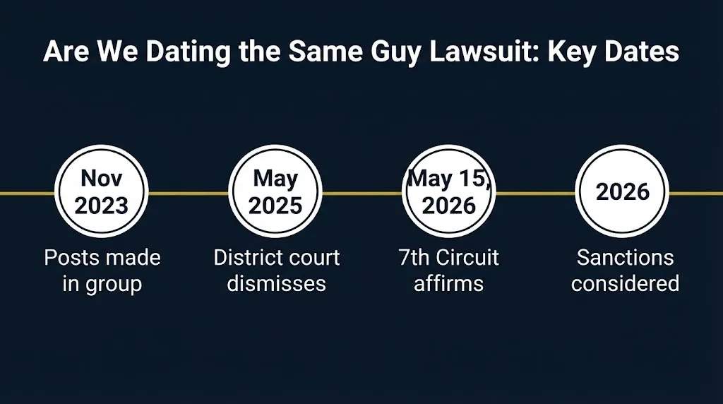 Are We Dating the Same Guy lawsuit timeline showing posts, dismissal, appeal, and sanctions consideration.
