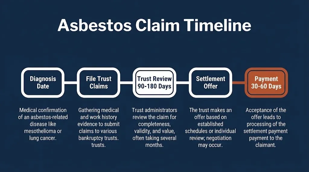 Asbestos lawsuit claim timeline infographic showing five key steps from diagnosis to settlement payment.