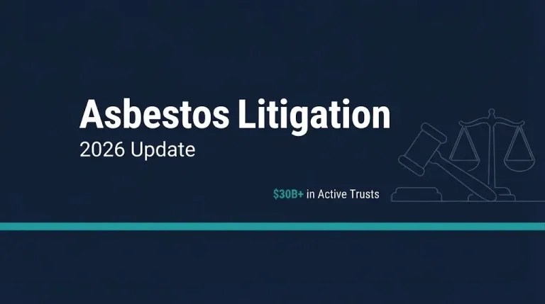 Asbestos litigation 2026 infographic banner with gavel silhouette and trust fund total.
