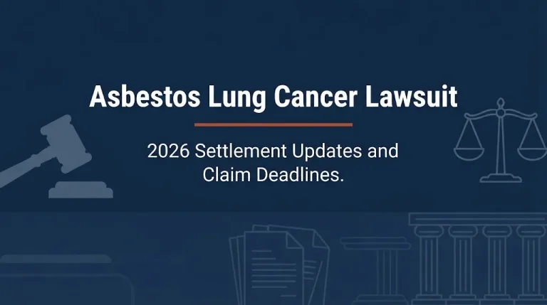 Asbestos lung cancer lawsuit 2026 settlement update banner with gavel and scales of justice icons on navy background.