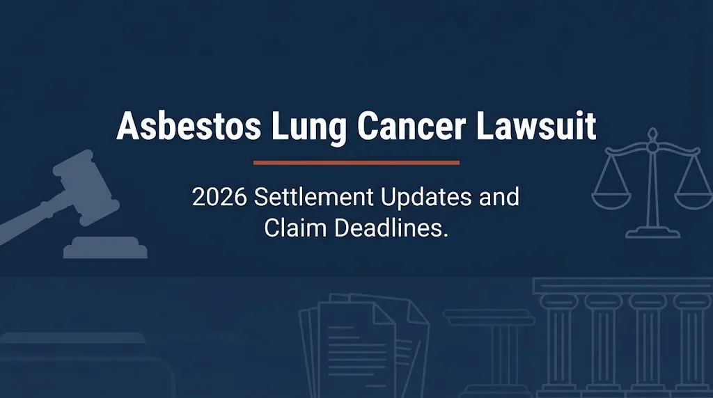 Asbestos lung cancer lawsuit 2026 settlement update banner with gavel and scales of justice icons on navy background.