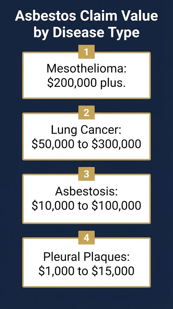 Asbestos settlement tiers by disease type from mesothelioma to pleural plaques.