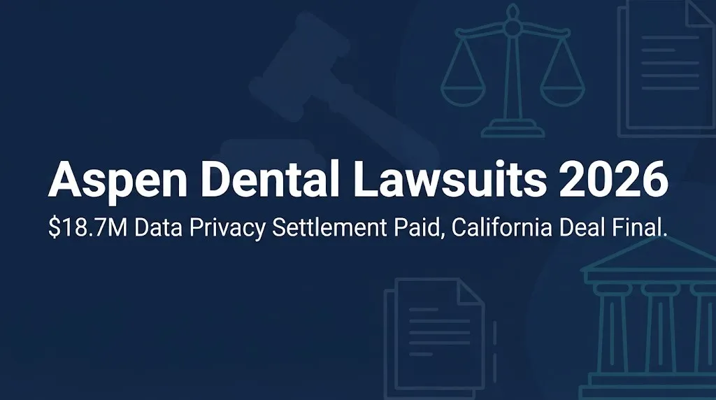Aspen Dental lawsuits 2026 banner showing $18.7M privacy settlement and California deal