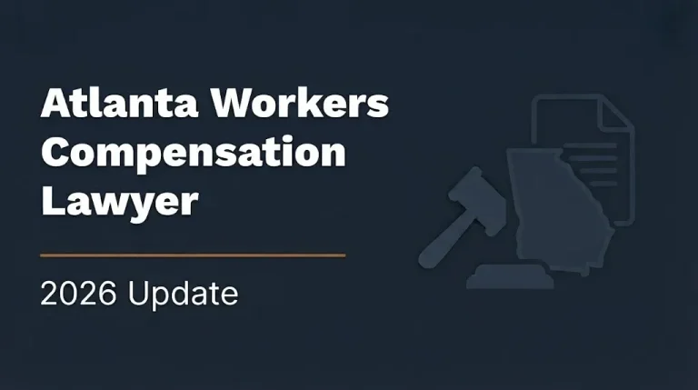 Atlanta workers compensation lawyer 2026 banner with gavel and Georgia state outline on navy background