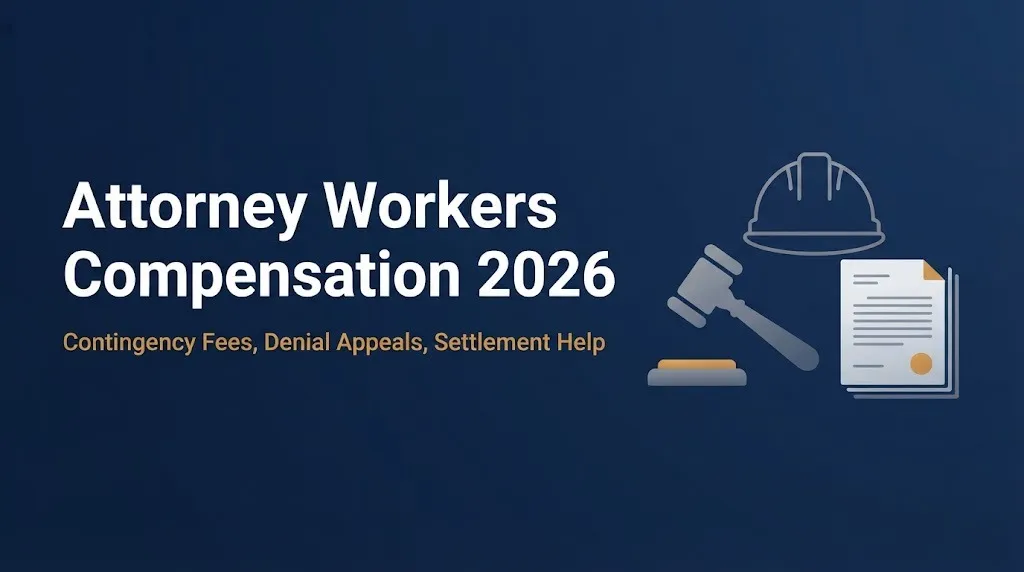 Attorney workers compensation 2026 banner showing gavel, hard hat, and document graphics.