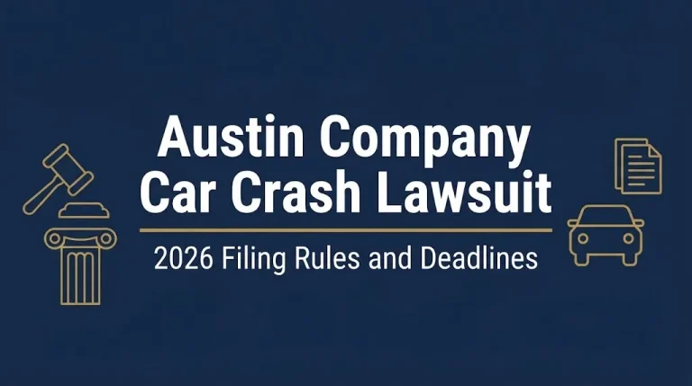 Austin company car crash lawsuit 2026 filing rules and deadlines banner with legal icons.