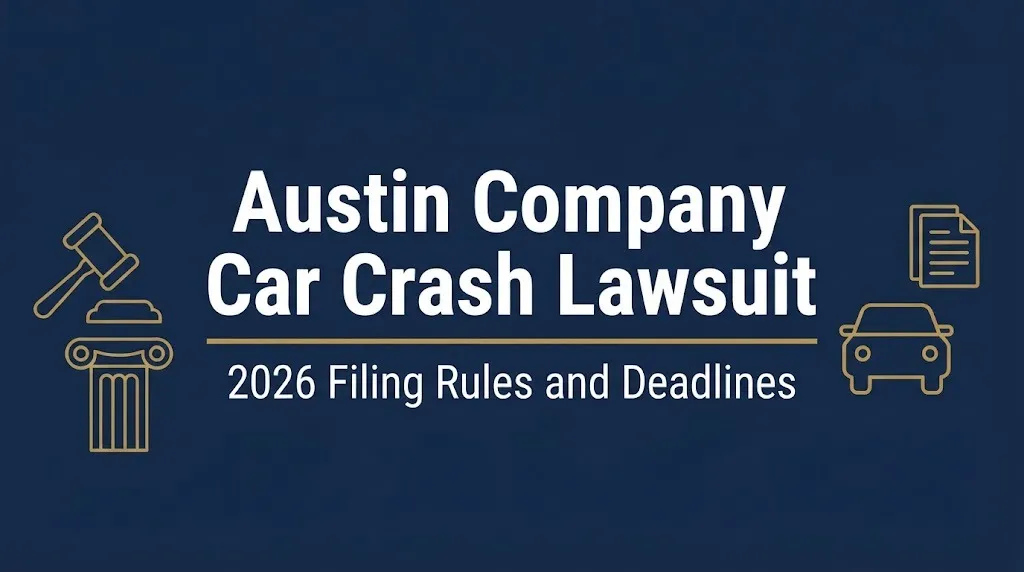 Austin company car crash lawsuit 2026 filing rules and deadlines banner with legal icons.