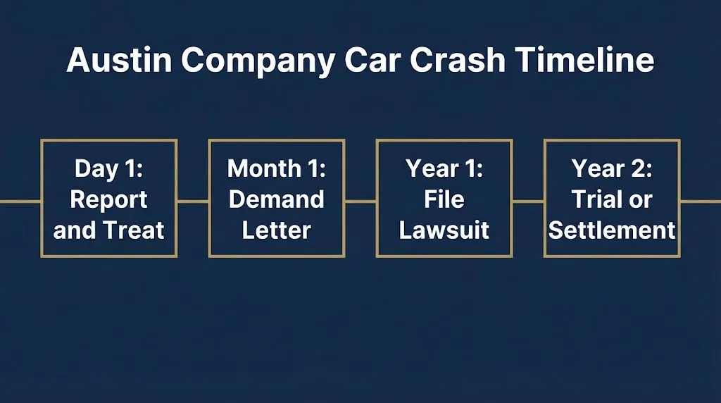 Austin company car crash lawsuit timeline from day one reporting to year two trial or settlement.