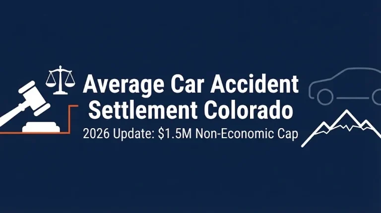 Average car accident settlement Colorado 2026 banner with gavel icon and $1.5M cap notice.