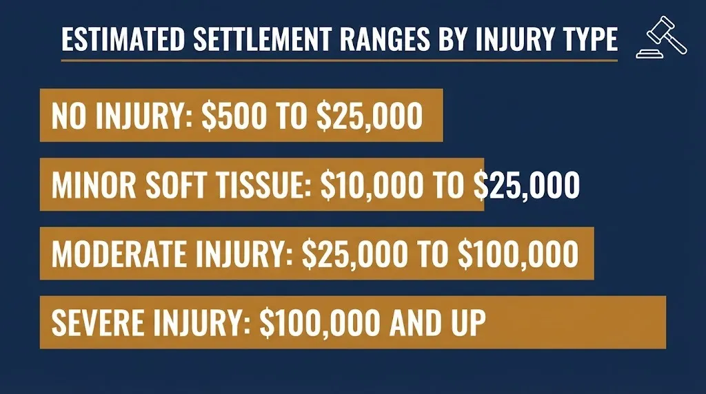 Average car accident settlement ranges by injury type, from no-injury claims to severe injury payouts.