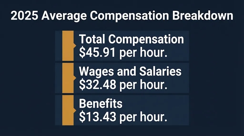 Average compensation breakdown showing total, wages, and benefits per hour in 2025.