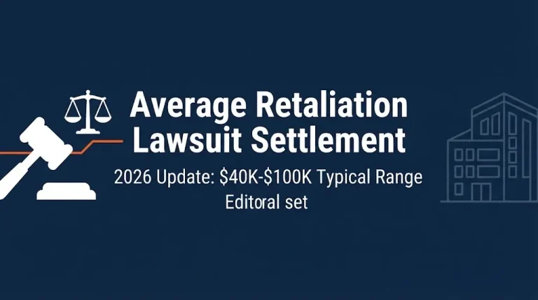 Average retaliation lawsuit settlement 2026 banner with gavel icon and $40K-$100K range notice.