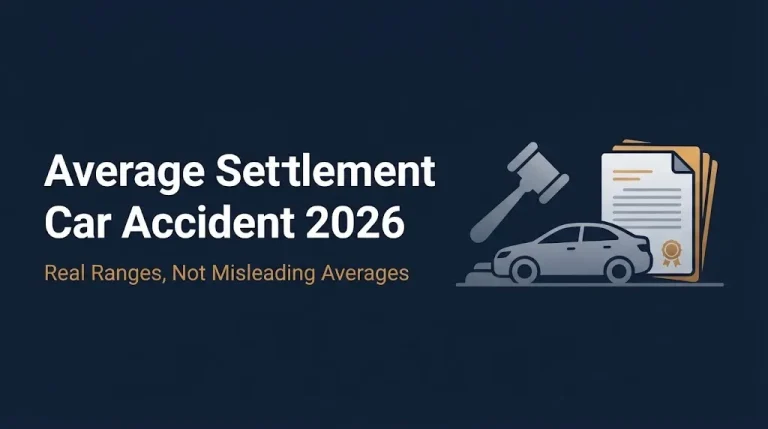 Average settlement for car accident 2026 banner showing gavel, car, and document graphics.