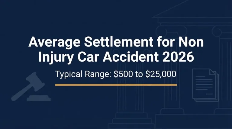 Average settlement for non injury car accident 2026 infographic showing $500 to $25,000 range