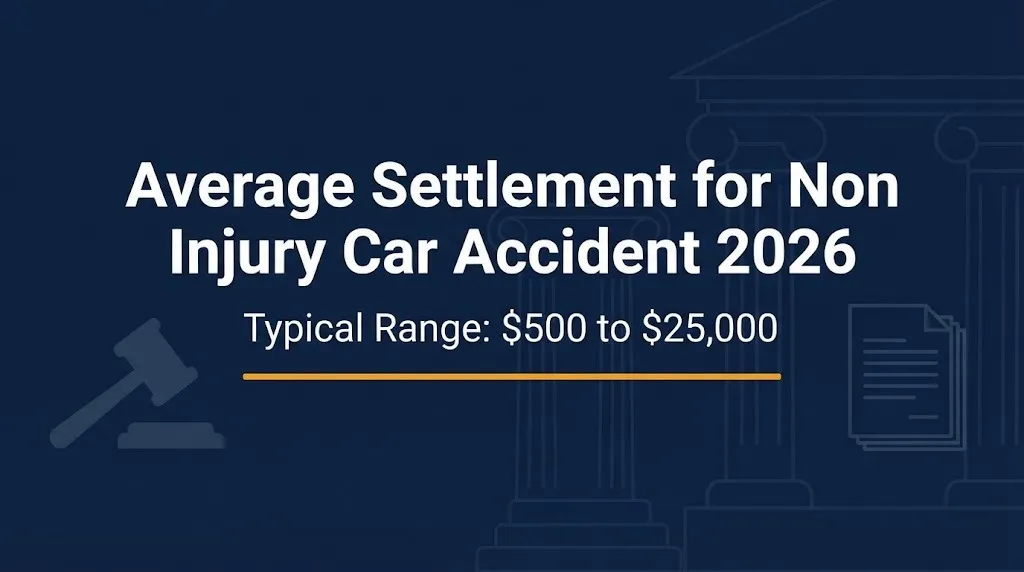 Average settlement for non injury car accident 2026 infographic showing $500 to $25,000 range
