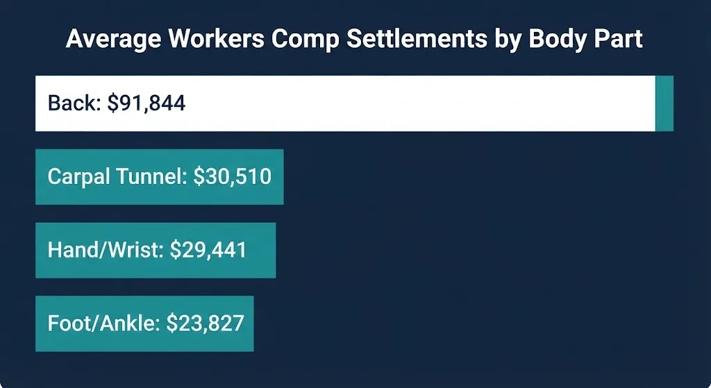 Average workers comp settlement amounts by body part including back, carpal tunnel, and ankle