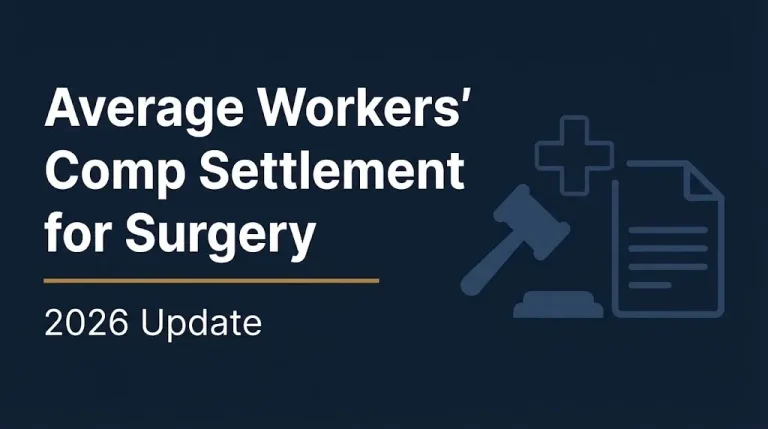 Average workers comp settlement for surgery 2026 banner with gavel and medical cross illustration on navy background