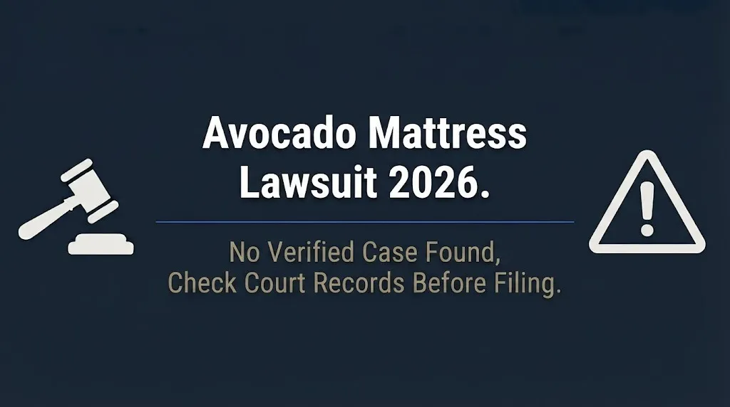 Avocado Mattress lawsuit 2026 banner warning no verified case found in court records.