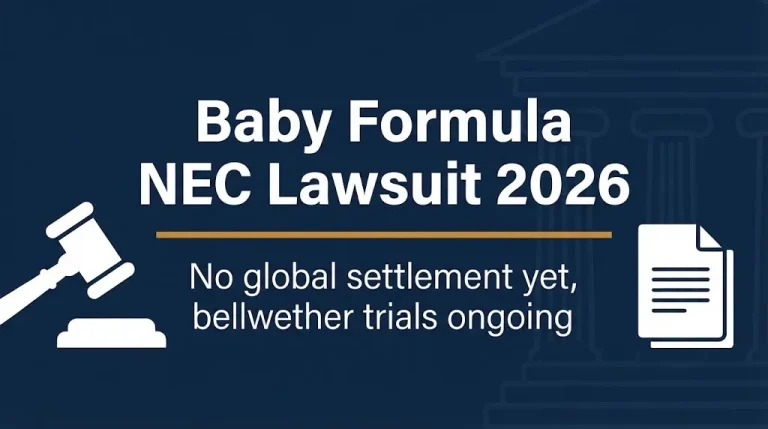 Baby formula NEC lawsuit 2026 banner showing no global settlement and ongoing trials.
