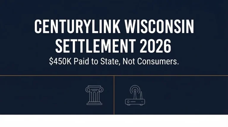 Banner explaining the CenturyLink Wisconsin internet settlement 2026 update and its $450,000 state payment.