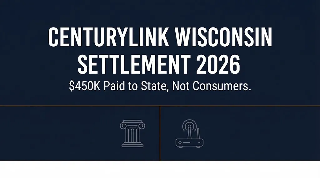 Banner explaining the CenturyLink Wisconsin internet settlement 2026 update and its $450,000 state payment.