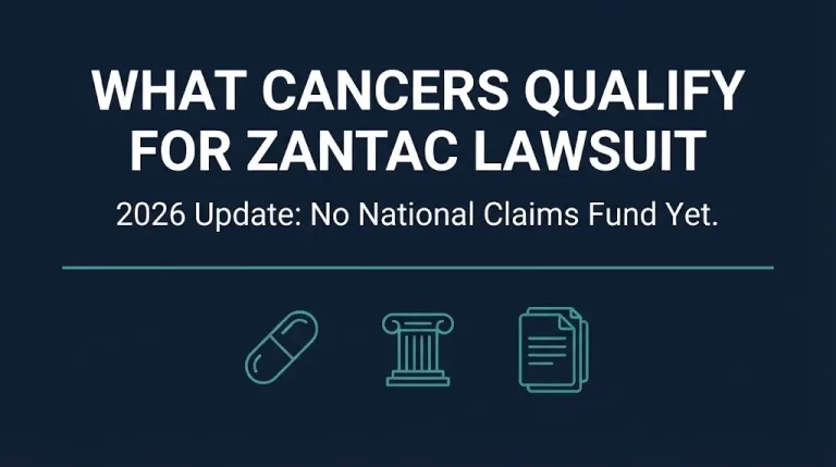 Banner explaining what cancers qualify for the Zantac lawsuit in the 2026 litigation update.