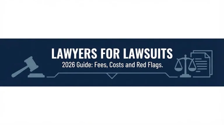 Banner for a 2026 guide on finding lawyers for lawsuits covering fees, costs and warning signs.