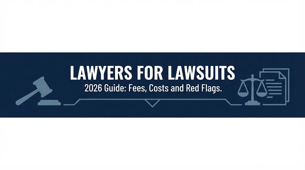 Banner for a 2026 guide on finding lawyers for lawsuits covering fees, costs and warning signs.