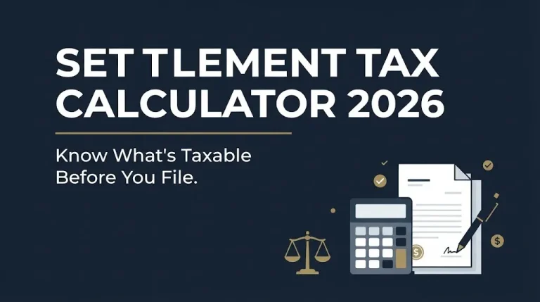 Banner for a 2026 settlement tax calculator guide explaining what portions of a settlement are taxable.