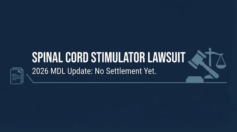 Banner for the 2026 spinal cord stimulator lawsuit update showing no settlement has been reached yet.