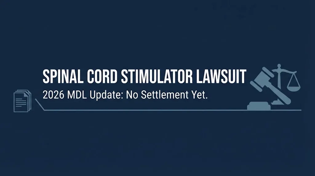 Banner for the 2026 spinal cord stimulator lawsuit update showing no settlement has been reached yet.