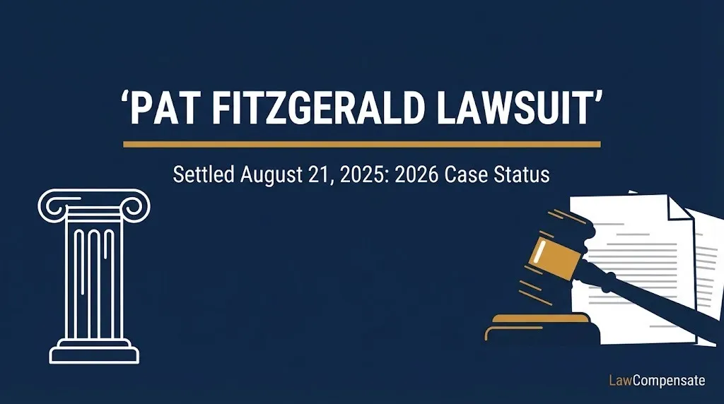Banner for the Pat Fitzgerald lawsuit showing the confirmed August 21, 2025 settlement date and 2026 case status.