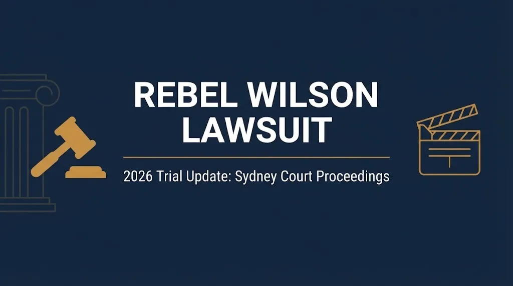 Banner for the Rebel Wilson lawsuit 2026 update showing the ongoing Sydney court trial over The Deb.