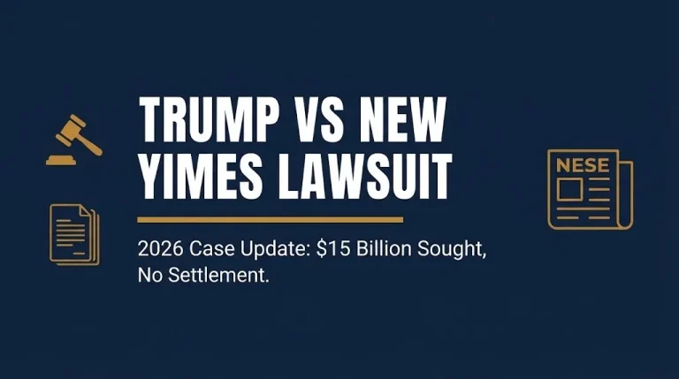 Banner for the Trump New York Times lawsuit 2026 update showing $15 billion sought with no settlement reached.