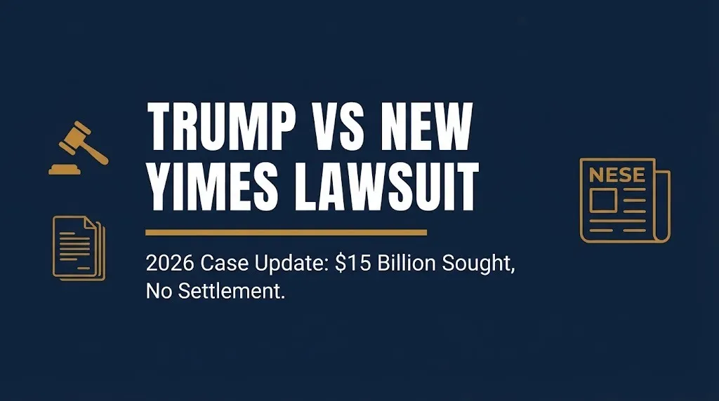 Banner for the Trump New York Times lawsuit 2026 update showing $15 billion sought with no settlement reached.