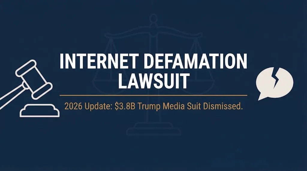 Banner on internet defamation lawsuits noting the $3.8 billion Trump Media suit dismissed in July 2026.