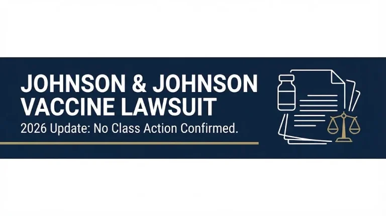 Banner on the Johnson & Johnson vaccine lawsuit noting no confirmed class action exists in 2026.