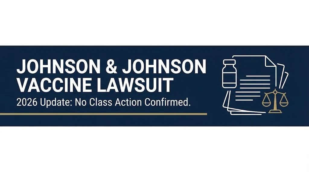 Banner on the Johnson & Johnson vaccine lawsuit noting no confirmed class action exists in 2026.