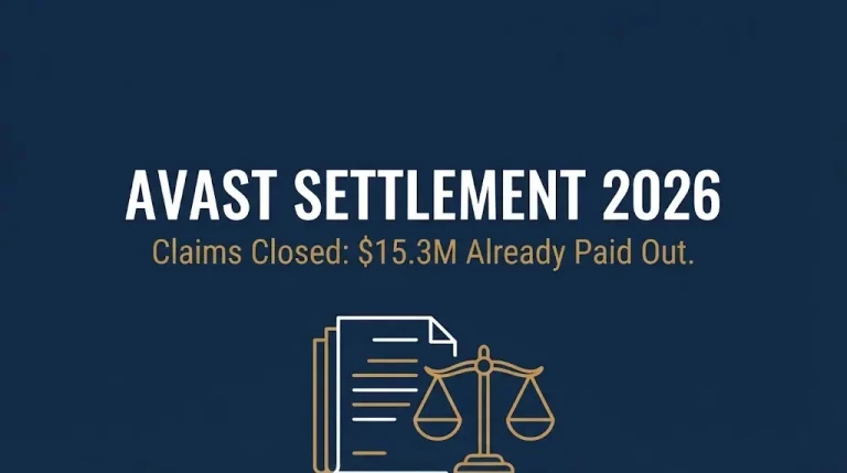 Banner reading Avast settlement 2026 with subheading noting claims are closed and $15.3 million was paid out.