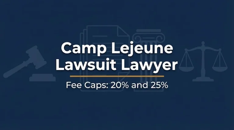 Banner reading Camp Lejeune Lawsuit Lawyer with fee caps of 20% and 25%, beside a gavel and scales.