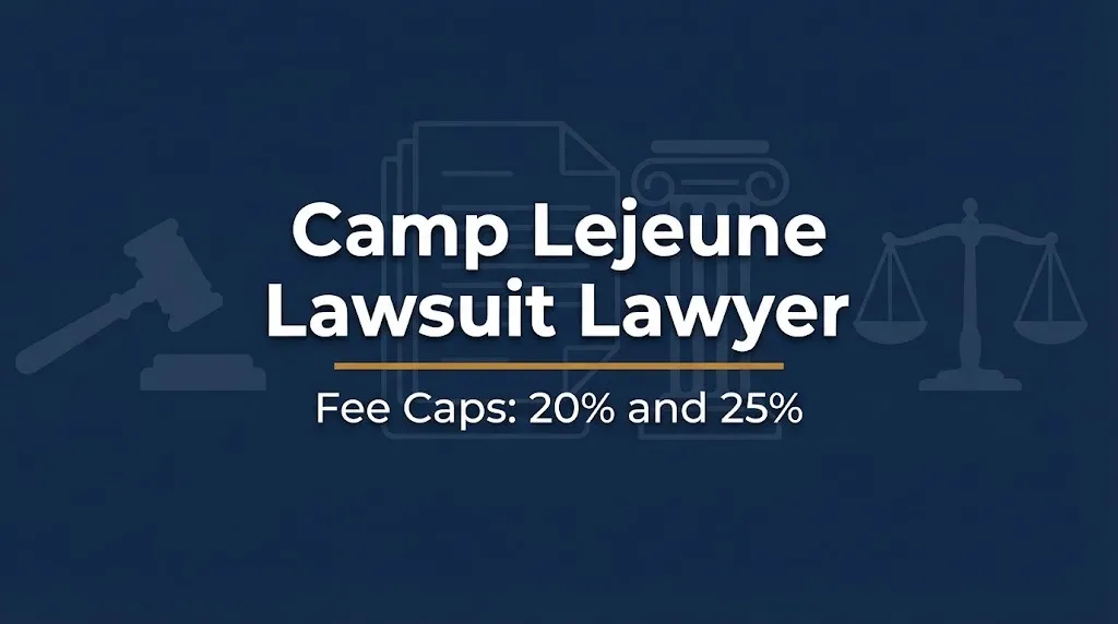 Banner reading Camp Lejeune Lawsuit Lawyer with fee caps of 20% and 25%, beside a gavel and scales.