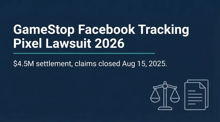 Banner reading GameStop Facebook Tracking Pixel Lawsuit 2026, $4.5M settlement claims closed