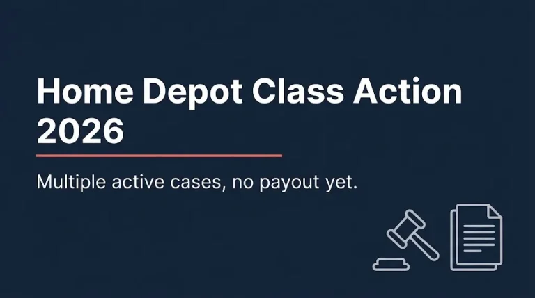 Banner reading Home Depot Class Action 2026, multiple active cases with no payout yet