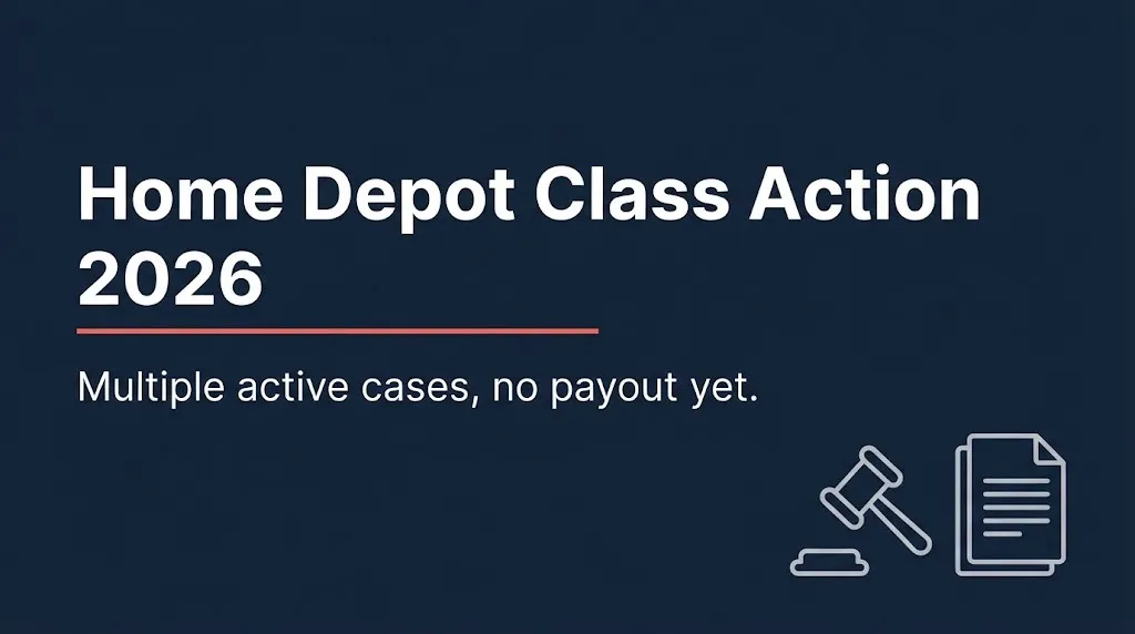 Banner reading Home Depot Class Action 2026, multiple active cases with no payout yet