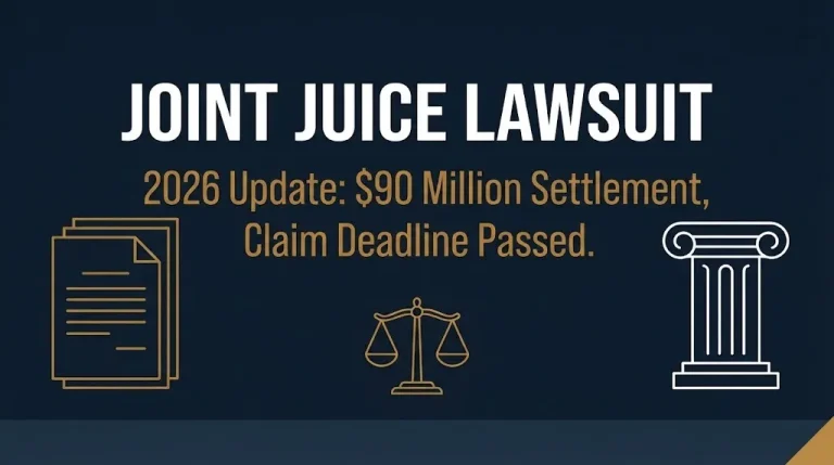 Banner reading Joint Juice lawsuit 2026 update showing the ninety million dollar settlement and passed claim deadline.