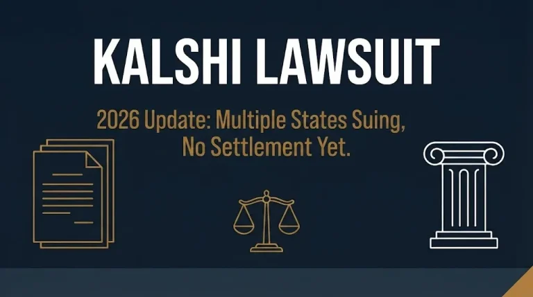Banner reading Kalshi lawsuit 2026 update showing multiple states suing and no settlement yet.